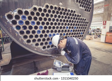 Male worker inspection steel tube video probe construction boiler industry