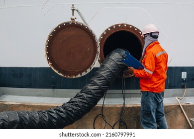 Male Worker Inspection The Tank Carbon Chemical Oil Interface Area Confined Space Safety.