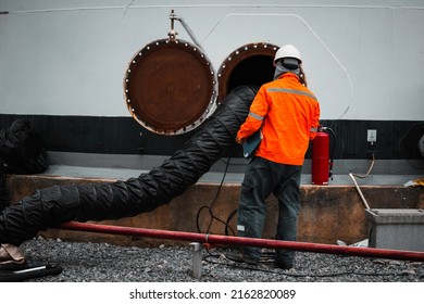 Male Worker Inspection The Tank Carbon Chemical Oil Interface Area Confined Space Safety.