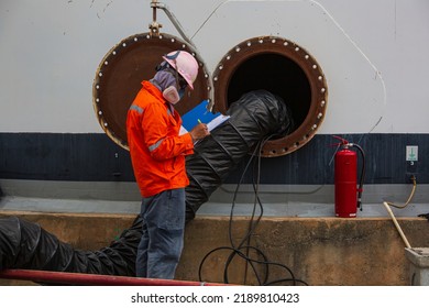 Male Worker Inspection The Tank Carbon Chemical Oil Interface Area Confined Space Safety.