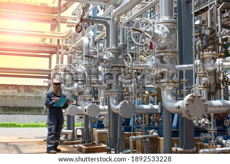 Male worker inspection visual pipeline and valve tube steam gas  pipeline