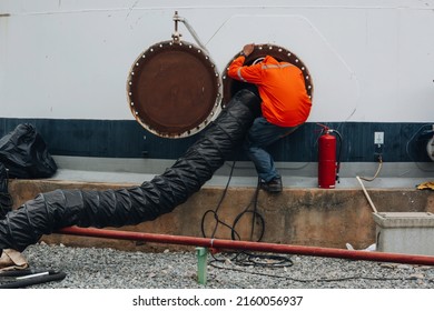 Male Worker Into The Tank Carbon Chemical Oil Interface Area Confined Space Safety.