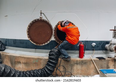 Male Worker Into The Tank Carbon Chemical Oil Interface Area Confined Space Safety.