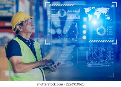 male worker using advanced digital technology hologram display world shipping information modern industry 5.0 concept - Powered by Shutterstock