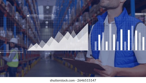 Male worker in vest holding clipboard and taking inventory at distribution center, copy space. Logistics, supply chain, operational, industrial, productivity, data analysis, professional