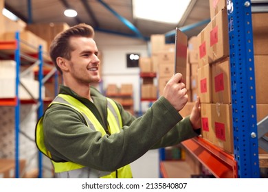 Male Worker Wearing Inside Warehouse Scanning Stock Barcode On Shelves Using Digital Tablet - Powered by Shutterstock