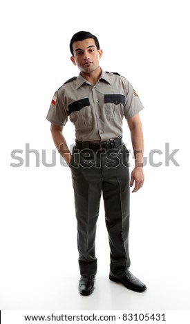 A male worker wearing uniform is standing with one hand in pocket on a white background