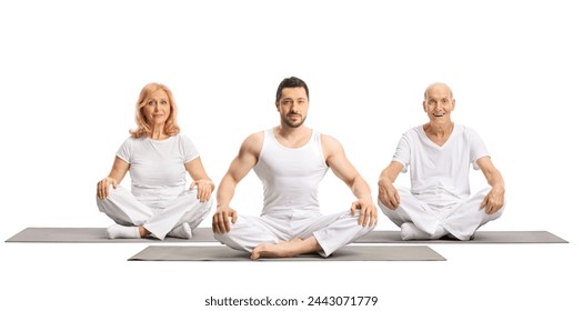 Male yoga instructor on a mat with elderly man and mature woman sitting behind isolated on white background - Powered by Shutterstock