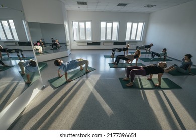 Male Yoga Teacher Giving Classes In  Spacious Sunny Yoga Studio With Female Group