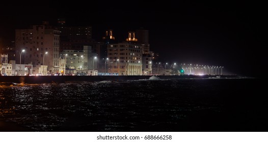 Malecon In Central Havana At Night Panoramic View, Cuba