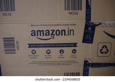 Malegaon, India 27th August 2022: Receiving Amazon Prime Package Delivered Preparing To Do The Unboxing, Amazon.in Box Client. Amazon Doorstep Delivery. 