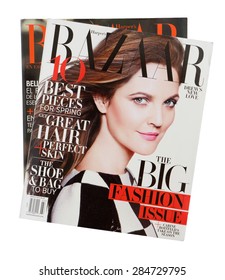 MALESICE, CZECH REPUBLIC - MAY 31, 2015: Stack of magazine Harpers Bazaar, on top issue March 2013 with Drew Barrymore on cover on display in Malesice, Czech republic in May 2015.