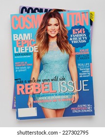 MALESICE, CZECH REPUBLIC - October 30, 2014: stack of magazine Cosmopolitan, on top Netherlands edition, issue March 2014 with Khloe Kardashian on cover, on display in Czech republic in Oct 2014 