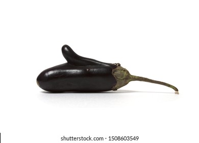 Malformed Ugly Vegetable Eggplant Isolated On White. Side View.