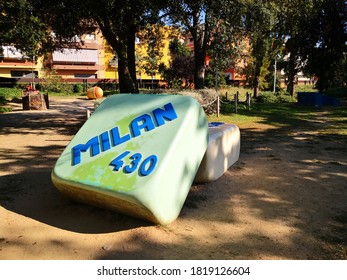 Malgrat De Mar, Catalonia, Spain - September 13th 2020: Giant Rubber Erasers  In A Children's Play Park Near Barcelona. 