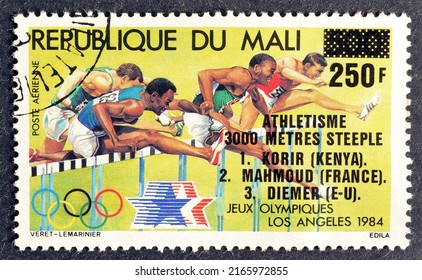 Mali - circa 1984 : Cancelled postage stamp printed by Mali, that shows Hurdling, promoting Summer Olympic Games 1984 - Los Angeles, circa 1984.