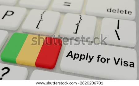 Mali flag positioned on computer keyboard beside apply for visa button illustrating passport documentation immigration approval international travel authorization border processing online registration destination access and legal requirements