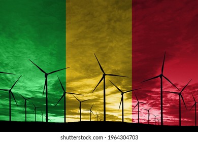 Mali Flag Wind Farm At Sunset, Sustainable Development, Renewable Energy Wind Turbines