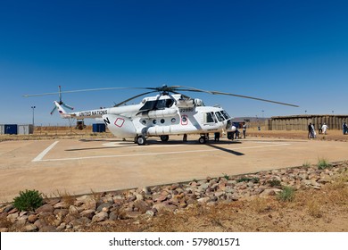 Mali, Goundam - January 30, 2017: UN Helicopter Unloading At Goundam Helipad In Dangerous Timbuktu Region At United Nation Peacekeeping Mission In Western Africa.