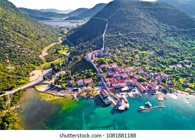 Mali Ston Waterfront Aerial View, Ston Walls In Dalmatia Region Of Croatia