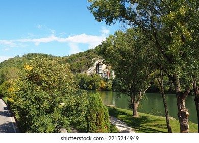 Mali Zvornik, Serbia, September 29, 2022. Cement Plant, Brasina Mine. Industrial Architecture. Heavy Industry. View From The Right Bank Of The Drina, From Zvornik.