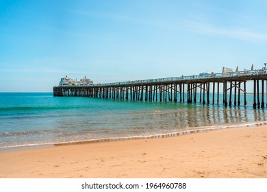 Malibu Beach Pier, California. Postcard View, Blue Sky And Beautiful Ocean Waves