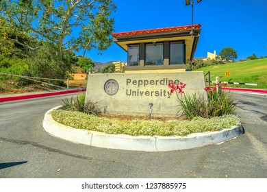 Malibu, California, United States - August 7, 2018: Pepperdine University Sign Entrance, a private American university in Malibu, California. The main campus on the hills overlooking the Pacific Ocean