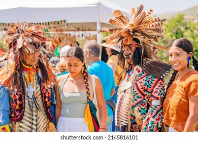 Malibu, California, USA - April 9, 2022. Powwow.  Native Americans Dressed In Full Regalia. Chumash Day Powwow And Intertribal Gathering.