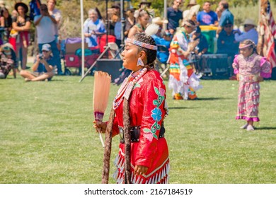 Malibu, California, USA - April 9, 2022. Powwow.  Native Americans Dressed In Full Regalia.  Chumash Day Powwow And Intertribal Gathering.