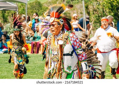 Malibu, California, USA - April 9, 2022. Powwow.  Native Americans Dressed In Full Regalia.  Chumash Day Powwow And Intertribal Gathering.