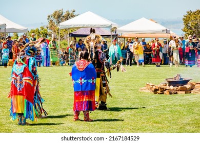 Malibu, California, USA - April 9, 2022. Powwow.  Native Americans Dressed In Full Regalia.  Chumash Day Powwow And Intertribal Gathering.