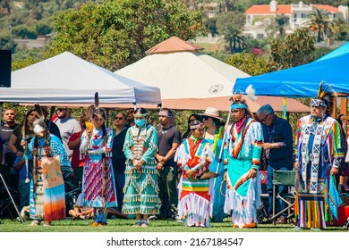 Malibu, California, USA - April 9, 2022. Powwow.  Native Americans Dressed In Full Regalia.  Chumash Day Powwow And Intertribal Gathering.