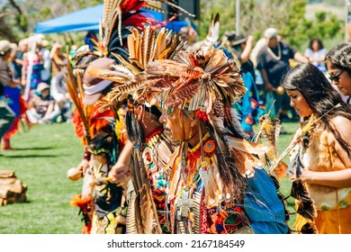 Malibu, California, USA - April 9, 2022. Powwow.  Native Americans Dressed In Full Regalia.  Chumash Day Powwow And Intertribal Gathering.