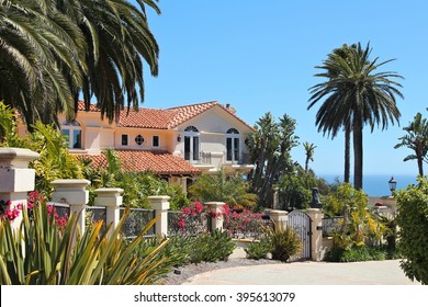 MALIBU, UNITED STATES - APRIL 6, 2014: Luxury California Residential Home As Seen From Public Road In Malibu, USA. Real Estate Rates In California Have Grown 105 Percent Since 1990.