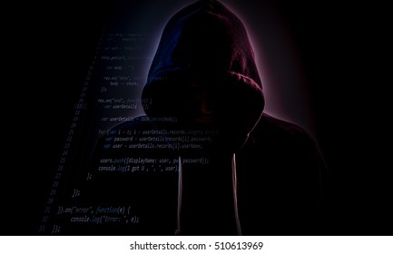 Malicious figure in hood lurking in the dark with some code layer