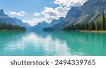 Maligne Lake panorama summer reflection of canadian rockies, Jasper national park, Canada.