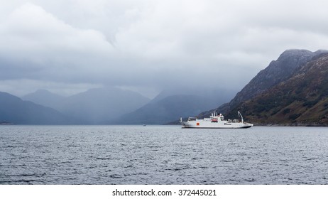 MALLAIG, HIGHLAND, SCOTLAND - SEPTEMBER 23, 2014: Orange Marine's cable ship during laying operations around Outer Hebrides. It can bury submarine power cable and fiber optic for telecommunications.