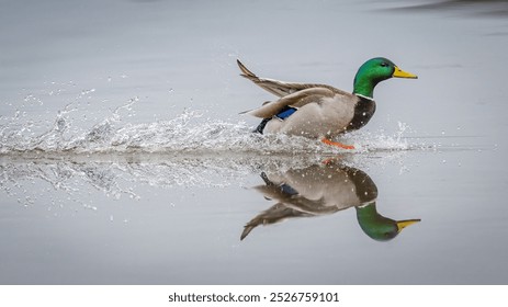 Mallard duck male landing with a splash on calm water - Powered by Shutterstock