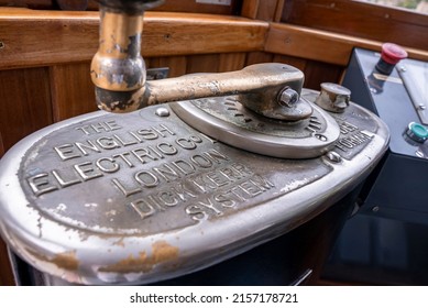 Mallorca, Spain. April 27, 2022. Close Up Vintage Electric Tram Control Handle. Drivers Brake And Speed Lever Brass Gear For Public Transport. Metallic Equipment In Traditional Trains.