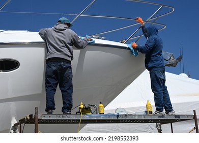 Mallorca, Spain - April 7, 2022: A Yacht Is Polished To A High Gloss In The Harbor