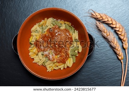 malloreddus or Sardinian gnocchetti, typical Sardinian pasta, with wild boar sauce, basil and pecorino cheese
