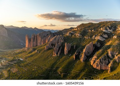 Mallos de Riglos, a set of conglomerate rock formations in Aragon, Spain