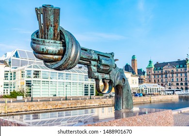 MALMO, SWEDEN, APRIL 24, 2019: Sculpture Of A Knotted Gun By Carl Fredrik Reutersward In Malmo, Sweden