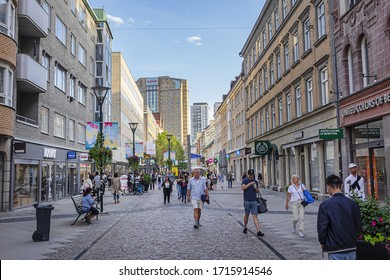 Malmo, Sweden - August 11, 2019: View Of Sodra Forstadsgatan Street - Main Pedestrian Street In Malmo With Many Shops, Cafe And Restaurants.