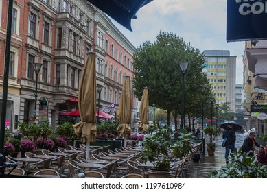 MALMO, SWEDEN - OCTOBER 03, 2018
: An Open-air Cafe In Malmo City When Fall And Wet Weather, End Of The Outdoor Season