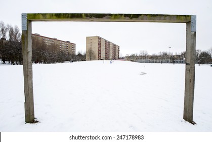 MALMO, SWEDEN-FEBRUARY 20, 2008: Soccer Playground Field Covered By Snow With  Building Houses Project, In Malmo.