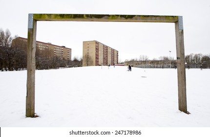 MALMO, SWEDEN-FEBRUARY 20, 2008: Soccer Playground Field Covered By Snow With  Building Houses Project, In Malmo.