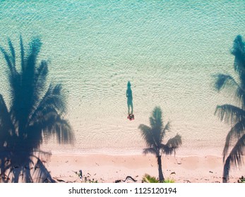 MALOLO LAILAI, FIJI - May 12, 2018: Aerial View Of A Typical Fijian Beach, Crystal Clear Water And White Sand.