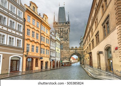 Malostranska tower and old buildings on Mostecka street in Pargue, Czech Republic