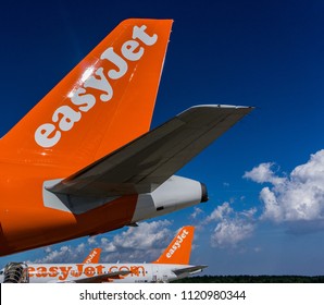 MALPENSA, ITALY JUNE 2018 Easyjet Company Logo On Airplane Rudder, British Low-Cost-Airline. Easyjet Airplane On The Track.